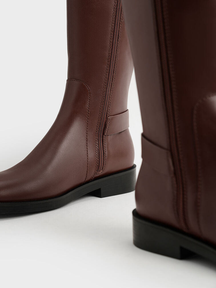 Brown Gabine Leather Knee-High Boots - CHARLES & KEITH US