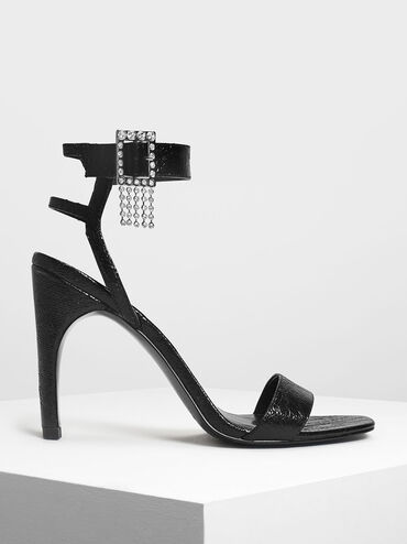 Embellished Buckle Metallic Heeled Sandals, Black, hi-res