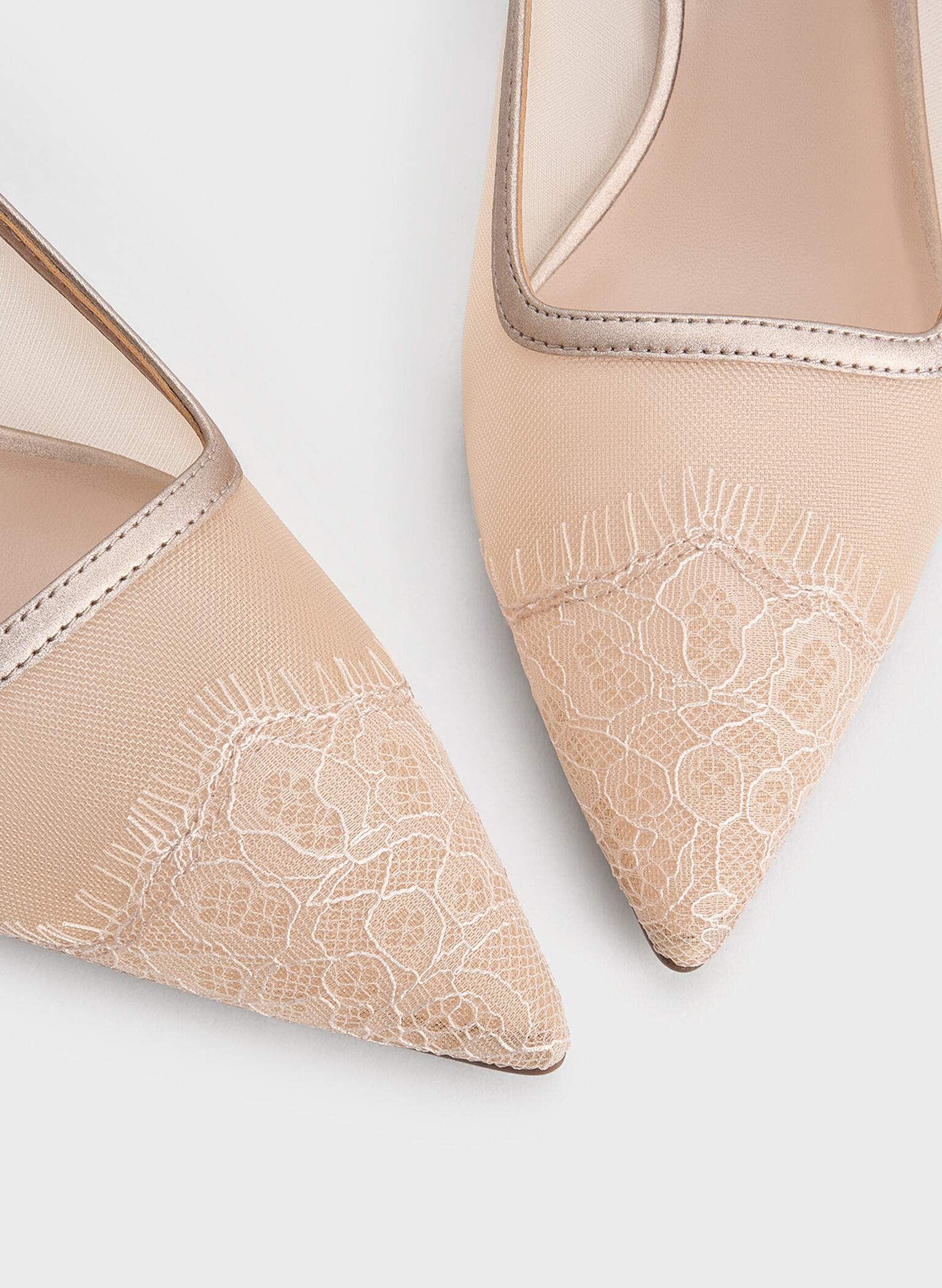 Mesh & Lace Pointed-Toe Slingback Pumps, Nude, hi-res