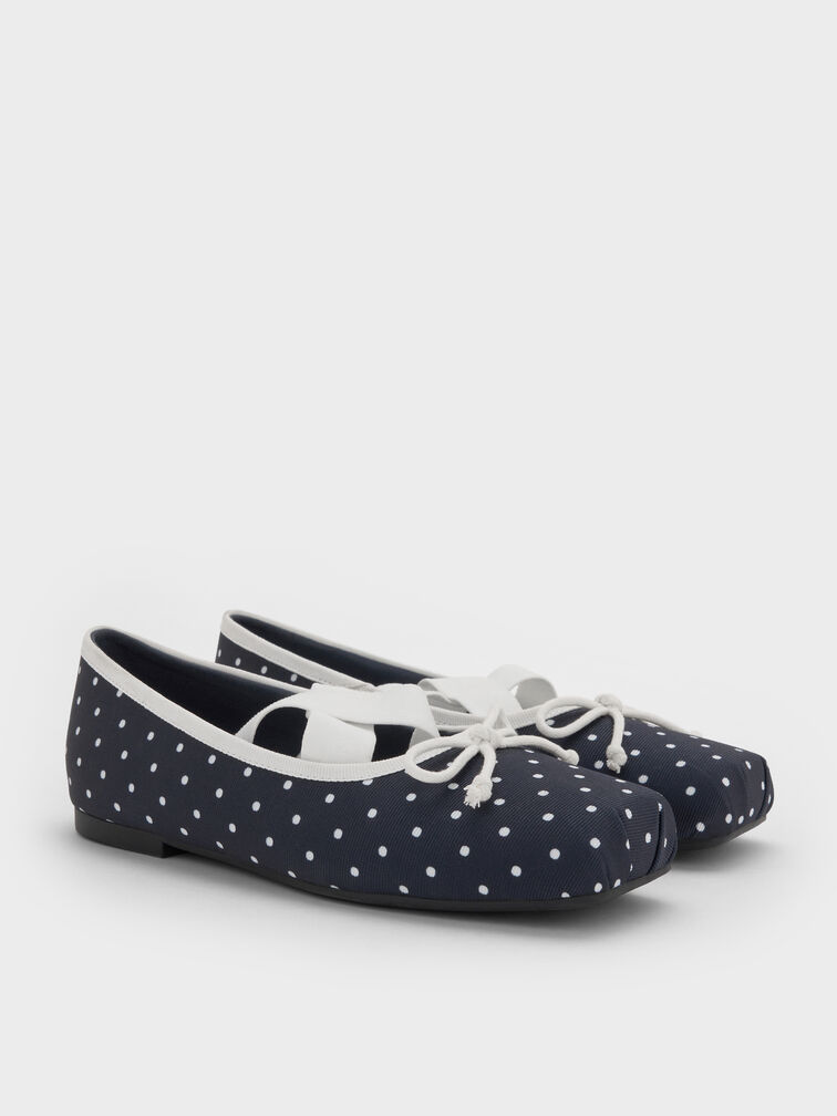 Girls' Dotted Bow Square-Toe Crossover-Strap Ballet Flats, Dark Blue, hi-res