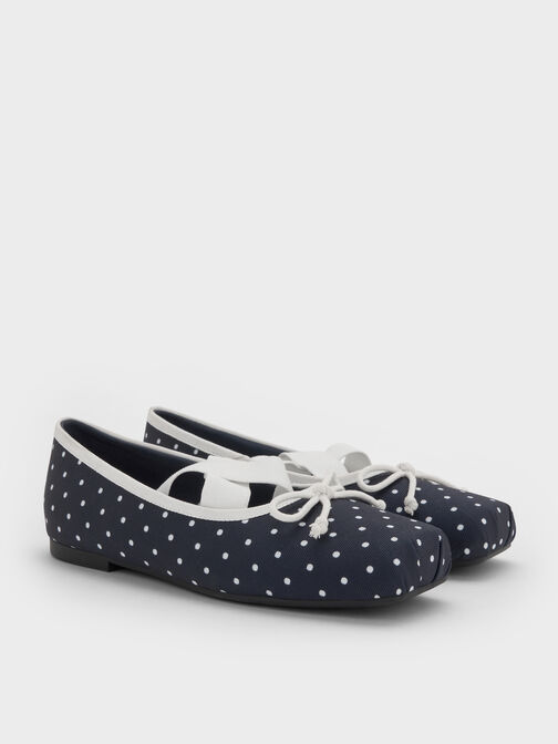Girls' Dotted Bow Square-Toe Crossover-Strap Ballet Flats, Dark Blue, hi-res