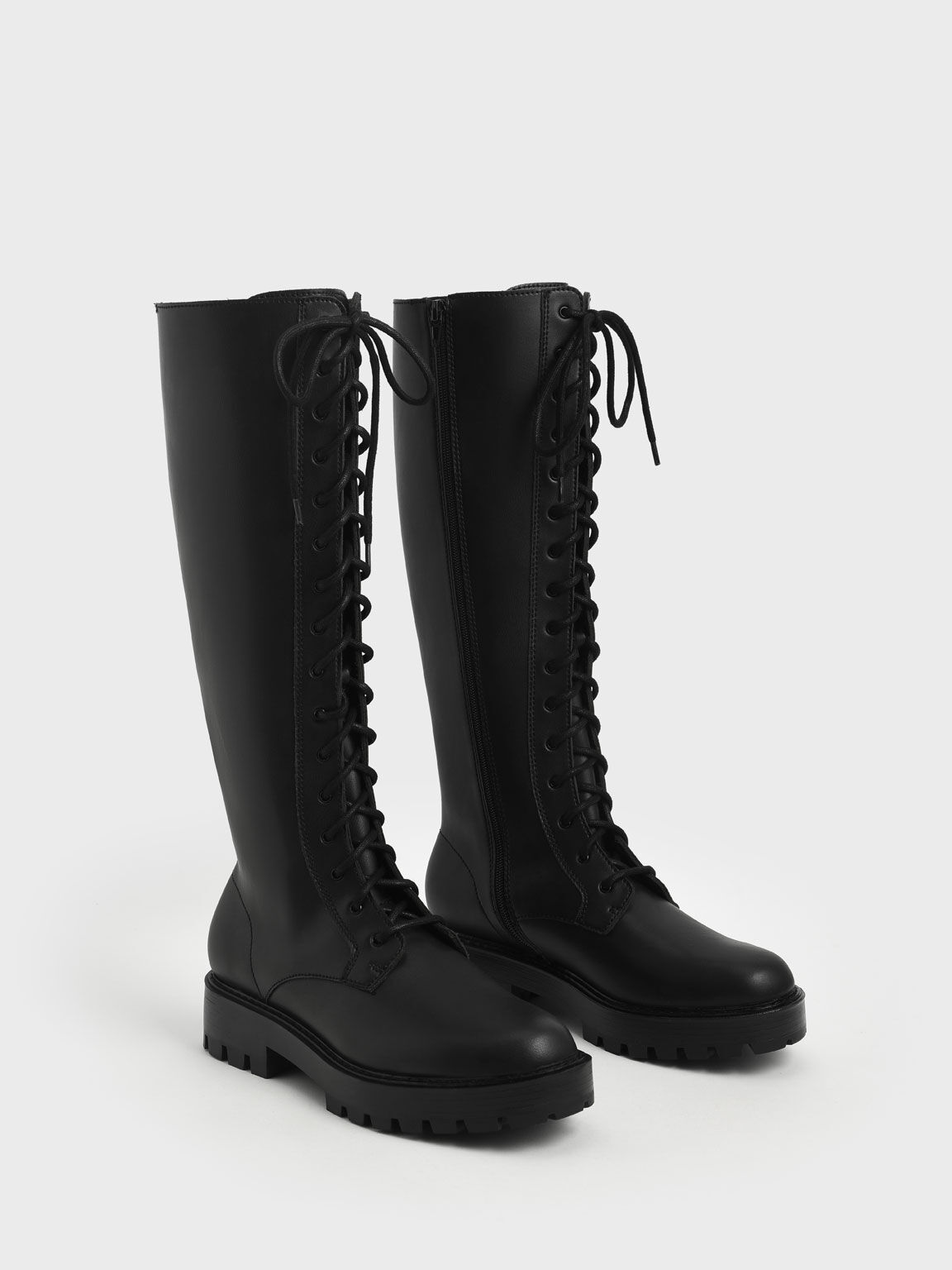 Lace-Up Knee-High Boots, Black, hi-res