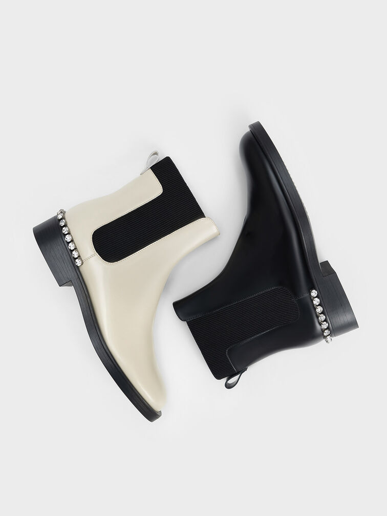 Leather Gem-Embellished Chelsea Boots, Chalk, hi-res