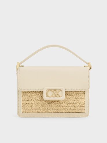 Bolso tipo caja de cuero y rafia, Beige, hi-res
