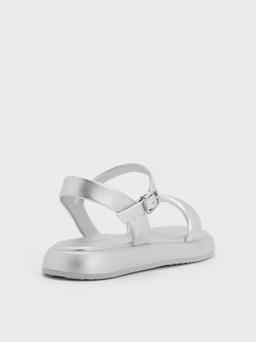 Girls' Metallic Puffy Ankle-Strap Sandals, Silver, hi-res