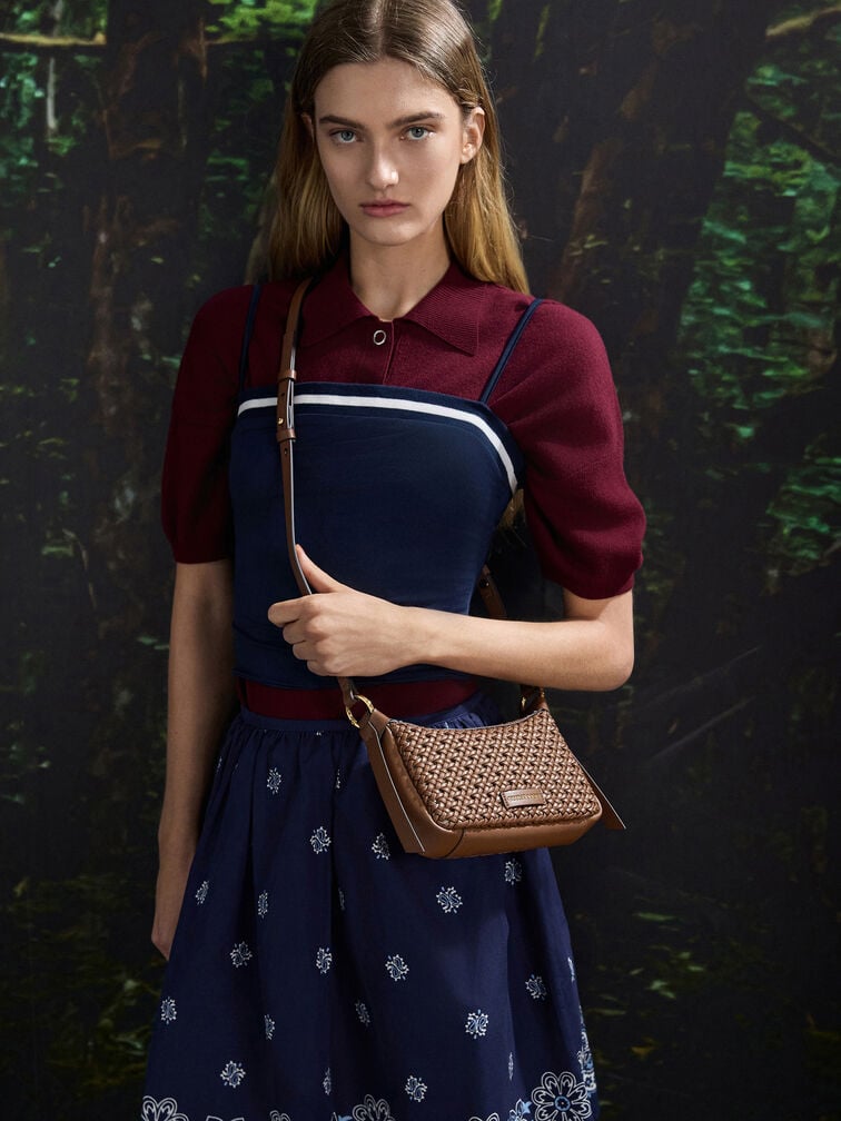 Mini Calla Woven Shoulder Bag, Chocolate, hi-res