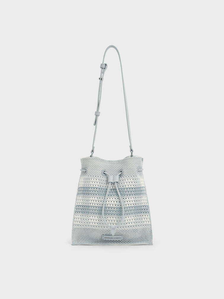Ida Checkered Knitted Bucket Bag, Sea Salt Blue, hi-res