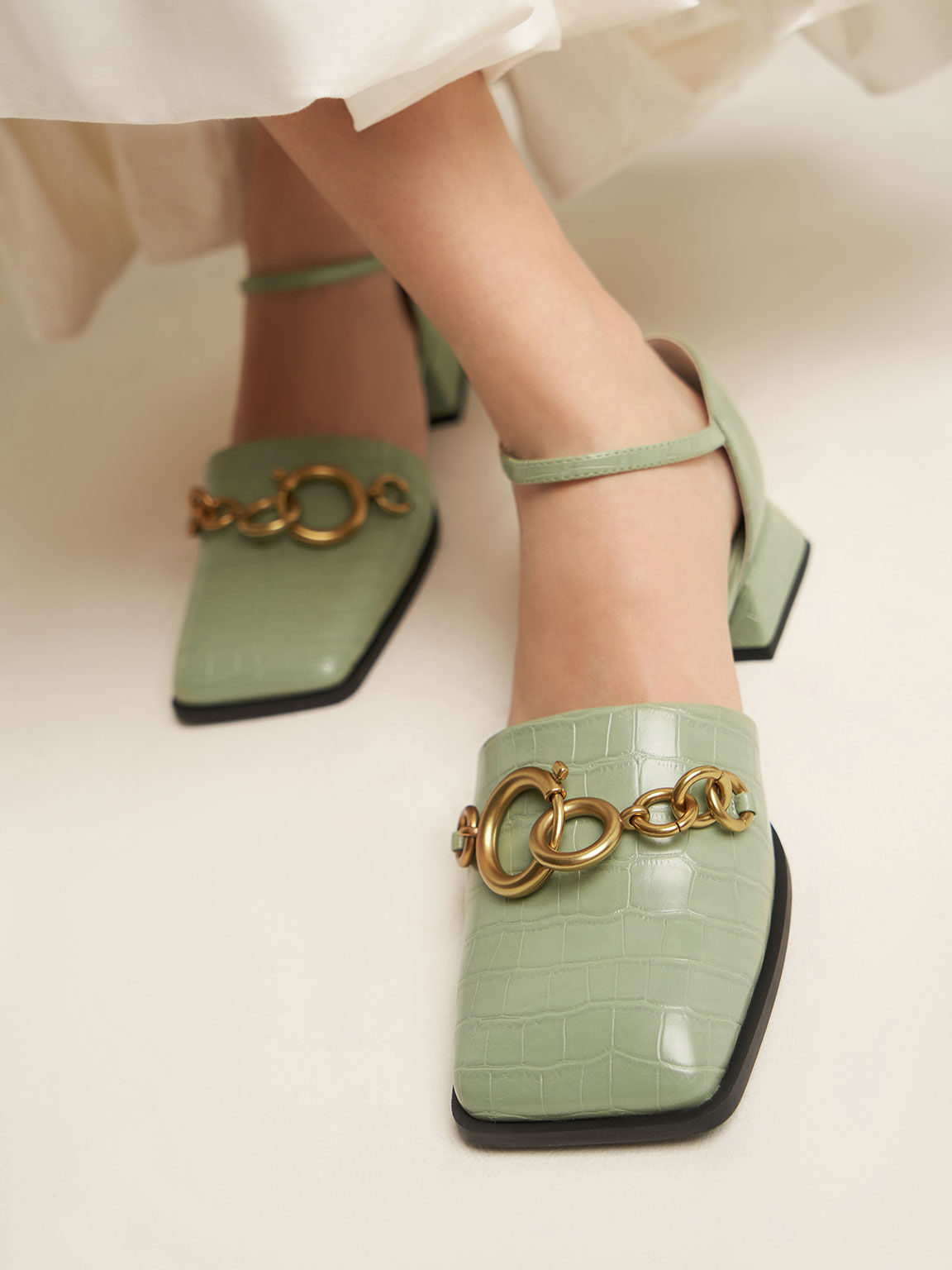 Croc-Effect Chain-Link Square-Toe Pumps, Animal Print Green, hi-res