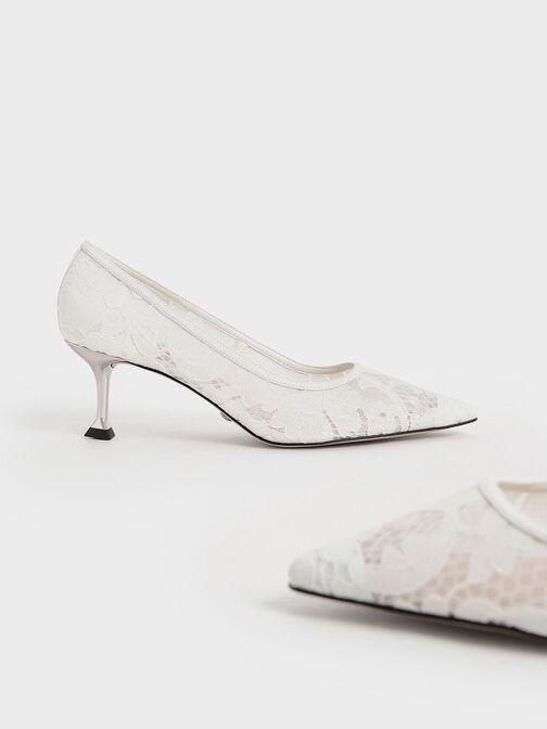 Lace Sculptural Heel Pumps, White, hi-res