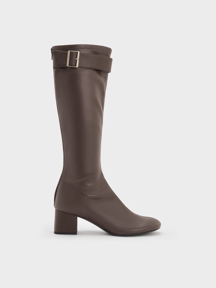 Gerry Buckled Block-Heel Knee-High Boots, Dark Brown, hi-res