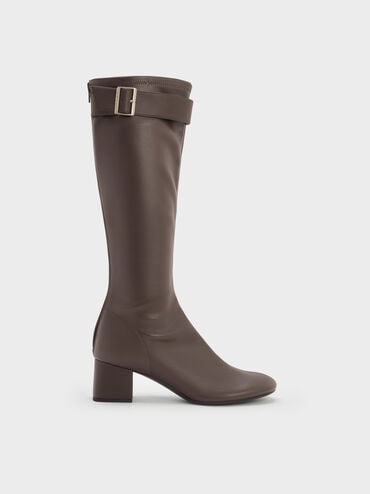 Gerry Buckled Block-Heel Knee-High Boots, Dark Brown, hi-res