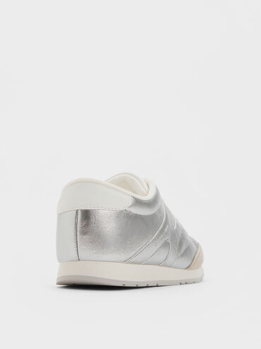 Girls' Faux Suede Metallic Low-Top Sneakers, Silver, hi-res