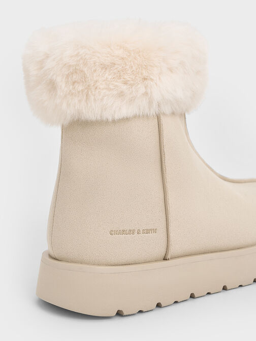 Girls' Faux Suede Fur-Trim Ankle Boots, Beige, hi-res