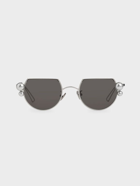 Swarovski® Crystal Pearl Embellished Cut-Off Round Sunglasses, Silver, hi-res
