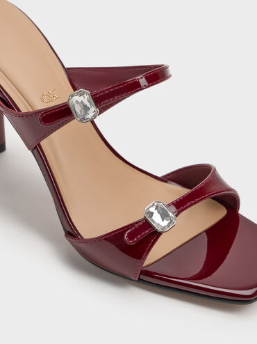 Patent Leather Gem-Buckle Double-Strap Heeled Sandals, Burgundy, hi-res
