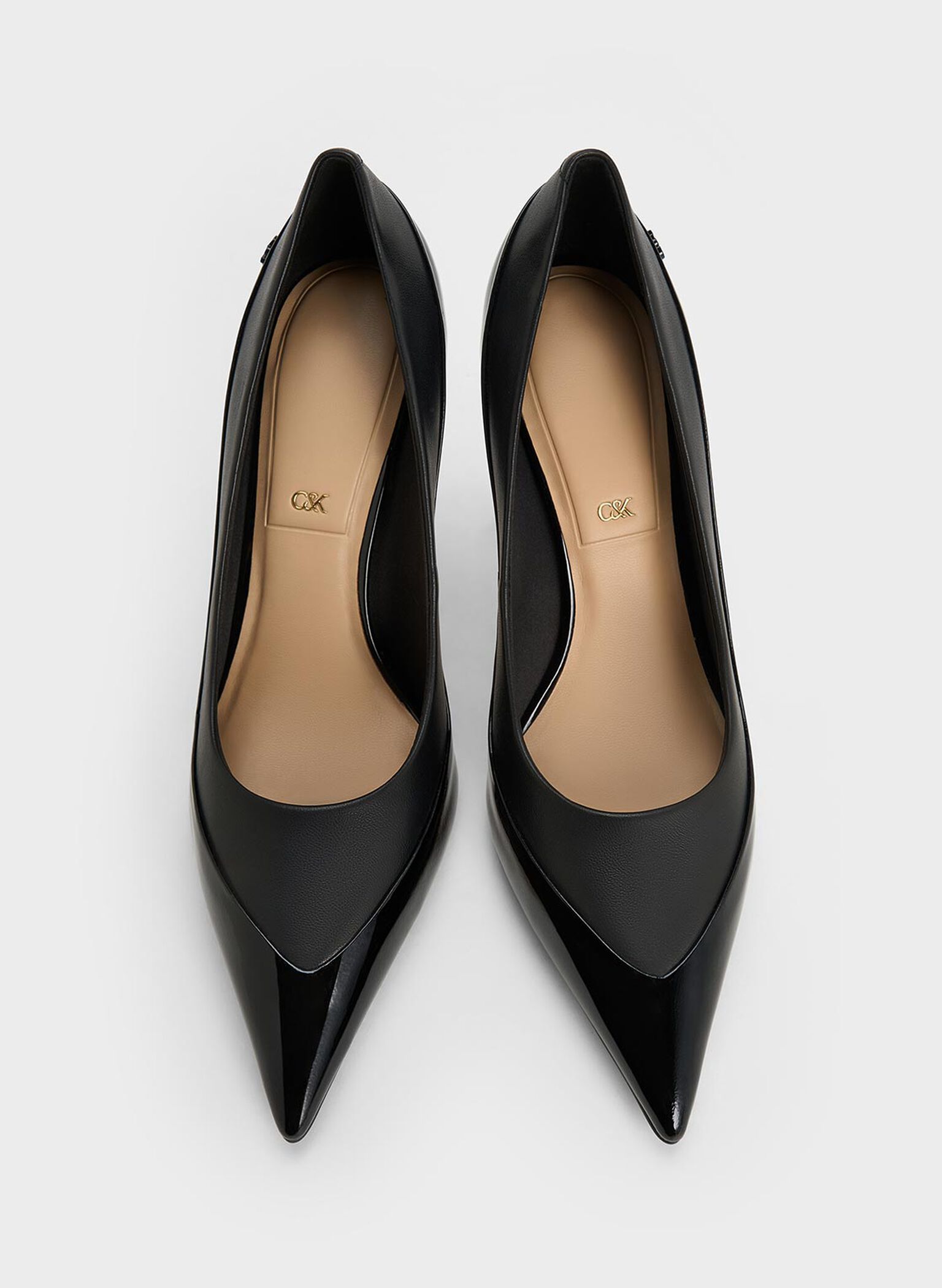 Leather & Patent Pointed-Toe Pumps, Black, hi-res