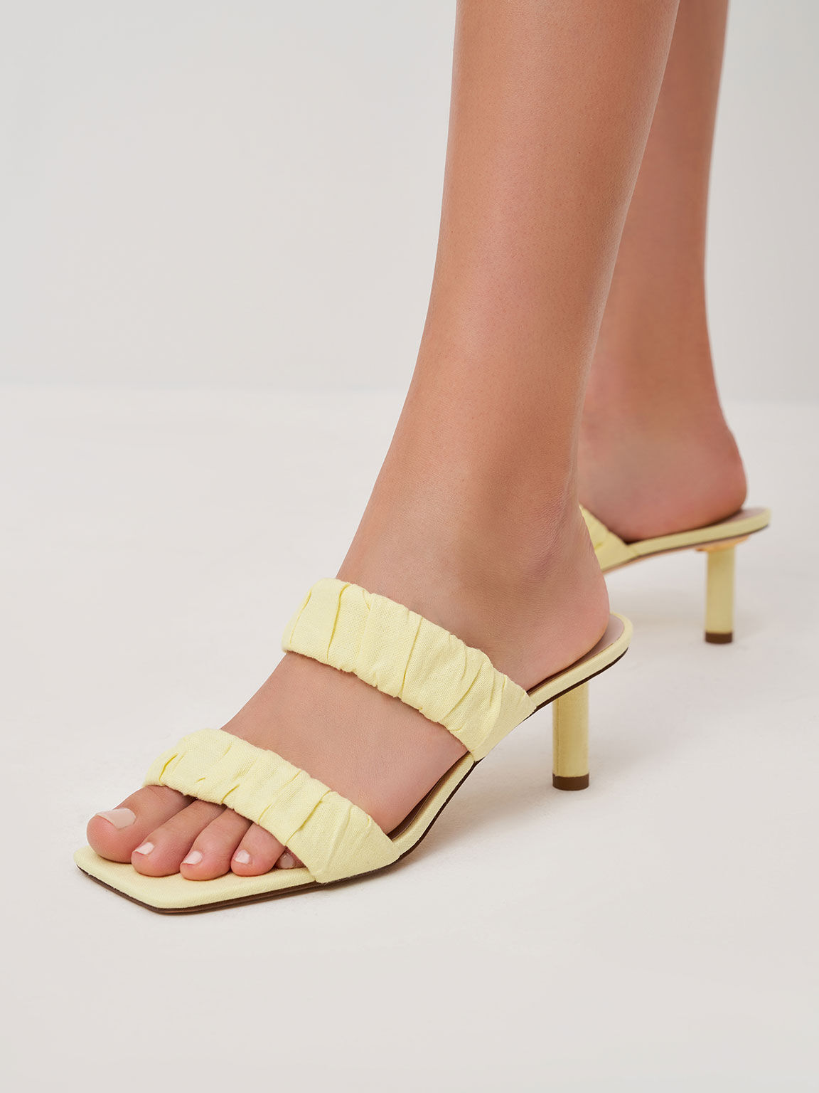 Linen Ruched Heeled Mules, Yellow, hi-res