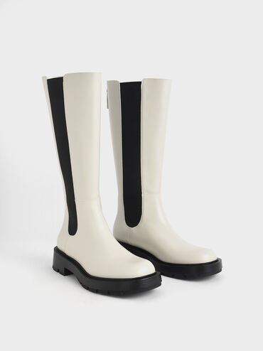 Zip-Up Chelsea Knee Boots, Chalk, hi-res