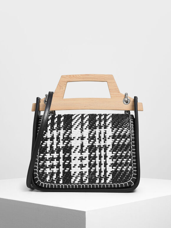 Woven Wood-Effect Top Handle Bag, Black, hi-res