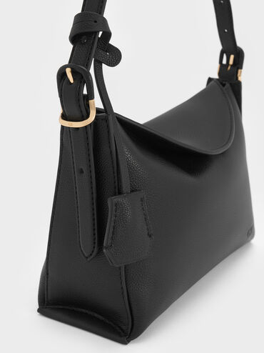 Leather Top-Flap Hobo Bag, Black, hi-res