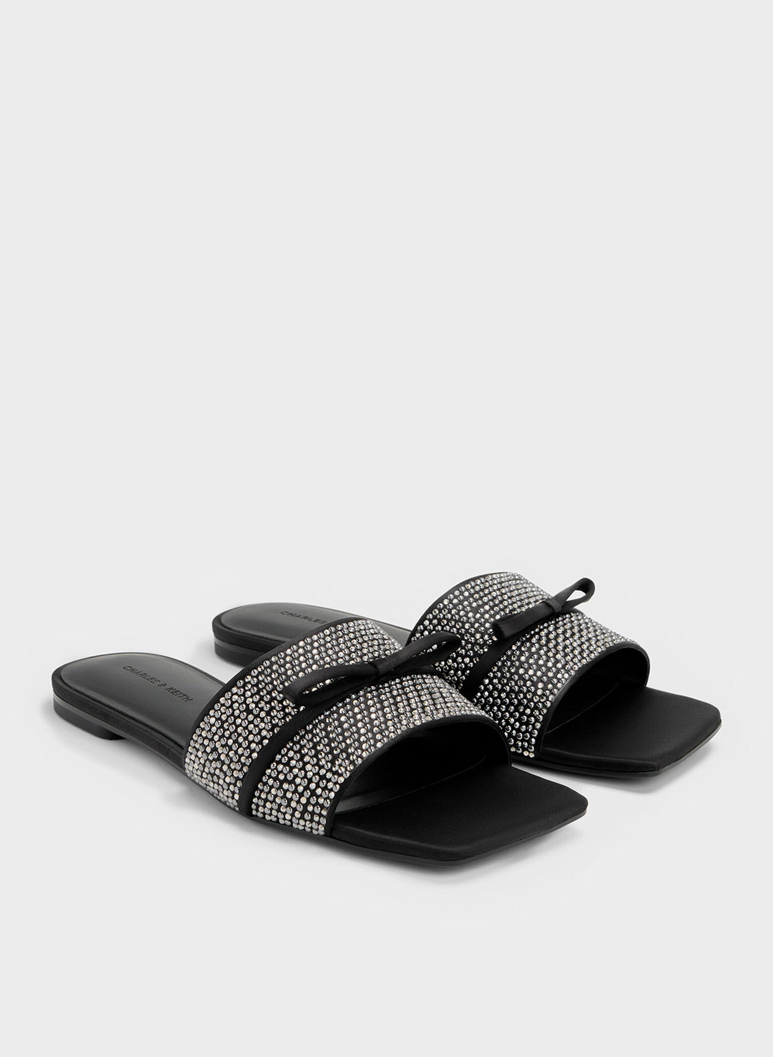 Satin Crystal-Embellished Bow Slide Sandals, Black Textured, hi-res