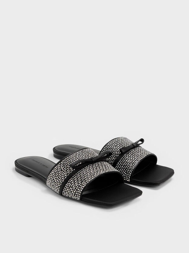 Satin Crystal Bow Slide Sandals, Black Textured, hi-res