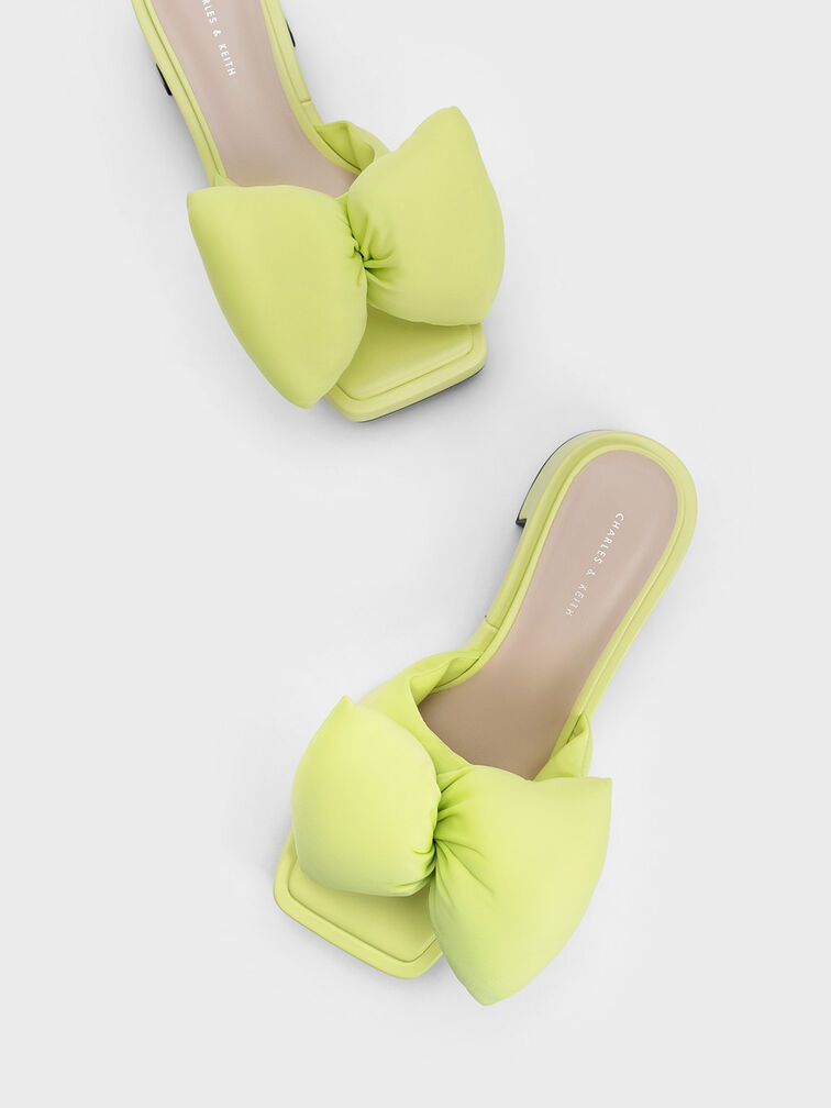 Puffy Bow Heeled Mules, Lime, hi-res