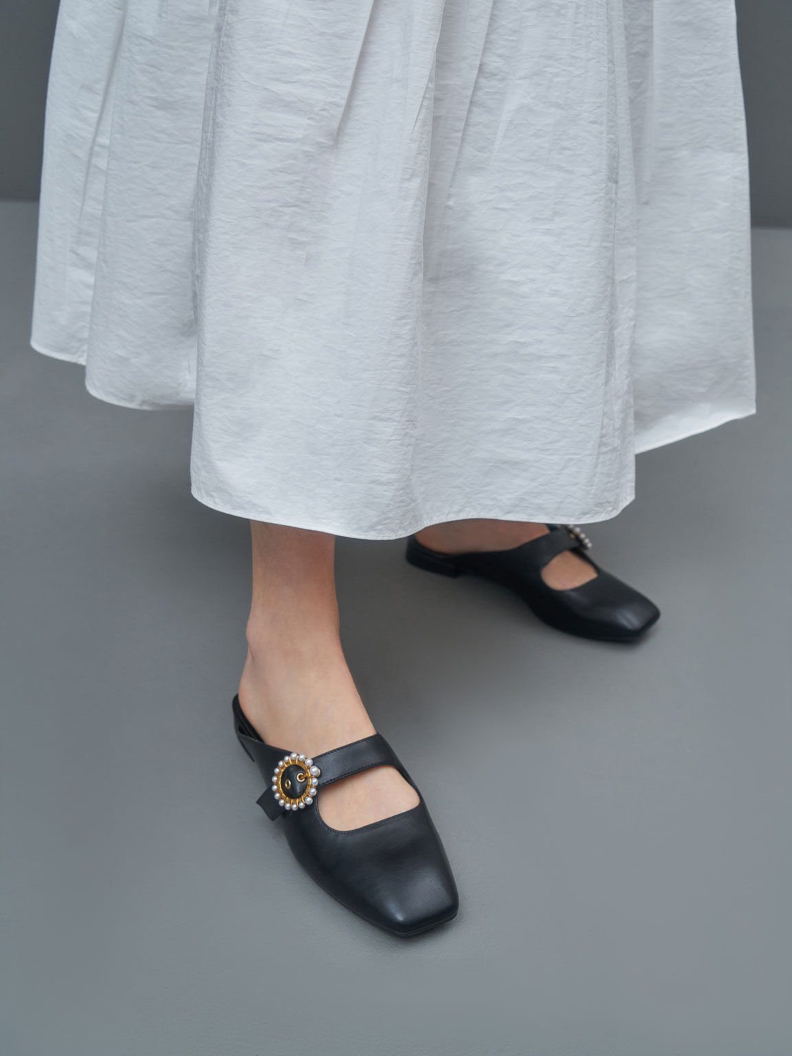 Beaded Buckle Mules, Black, hi-res