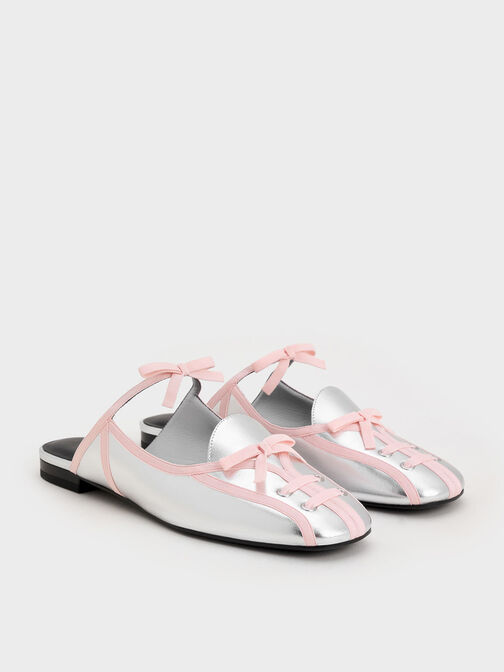 Metallic Lace-Up Bow Ballet Mules, Silver, hi-res
