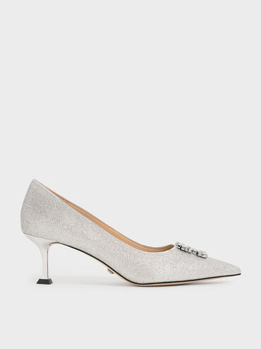 Glittered Gem-Embellished Kitten Heel Pumps, Silver, hi-res