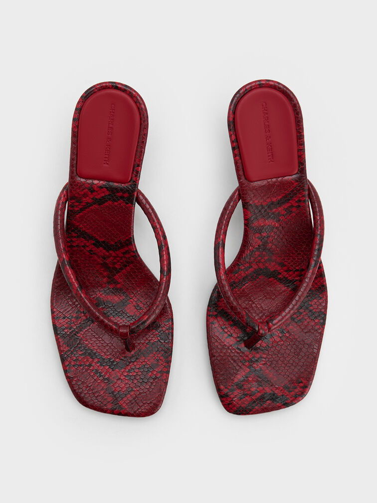 Snake-Print Square-Toe Kitten-Heel Thong Sandals, Animal Print Red, hi-res