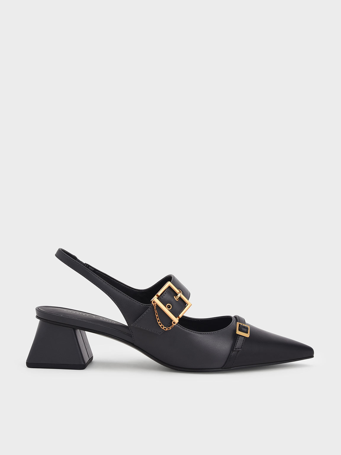 Lunar New Year Collection: Double Buckle Flare Heel Slingback Pumps, Dark Blue, hi-res