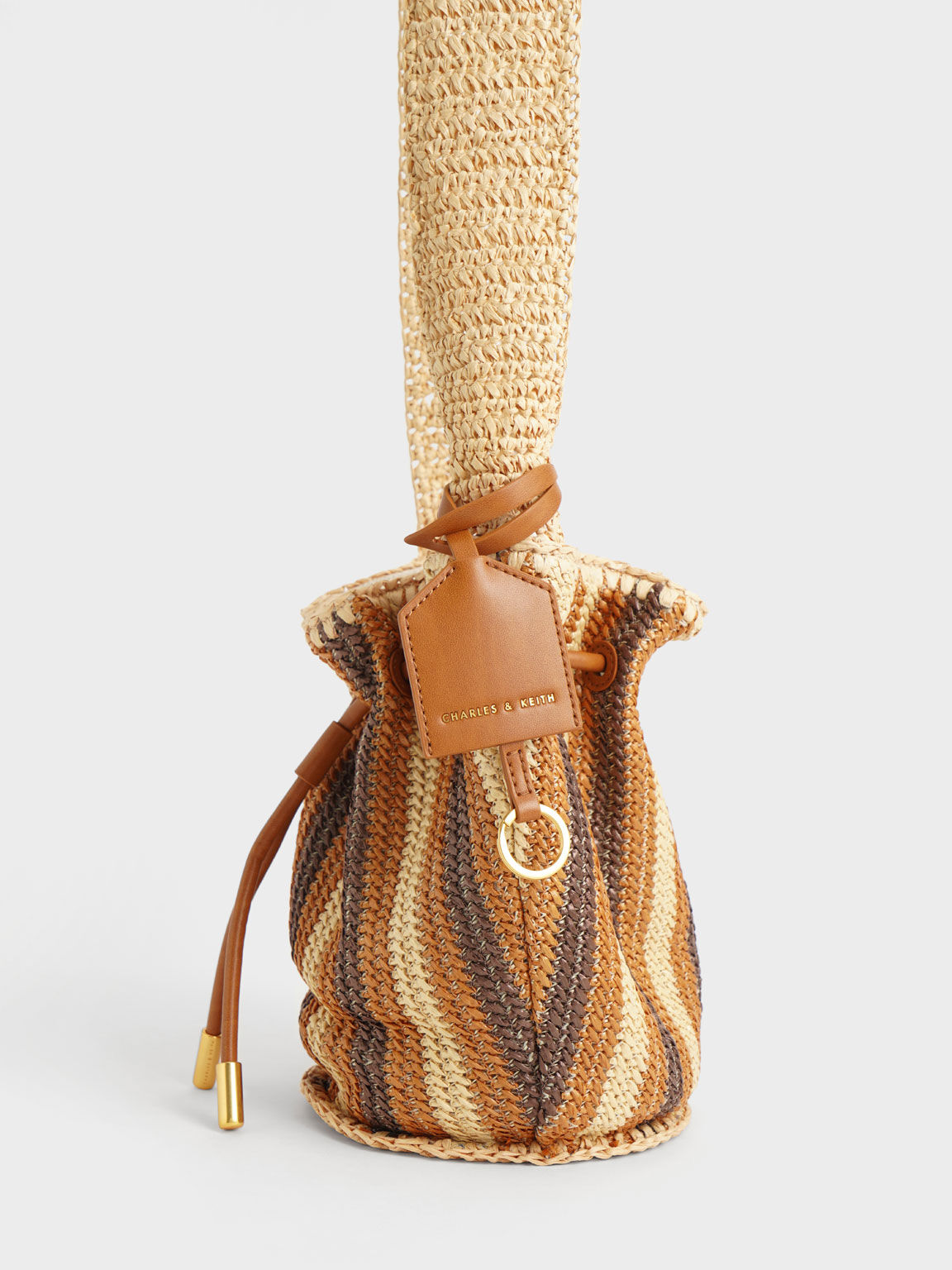 Clarissa Raffia Drawstring Shoulder Bag, Brown, hi-res
