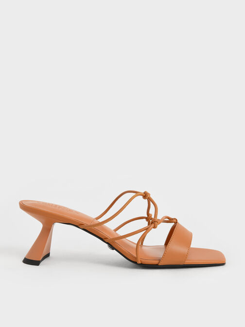Strappy Leather Sculptural Heel Sandals, Orange, hi-res