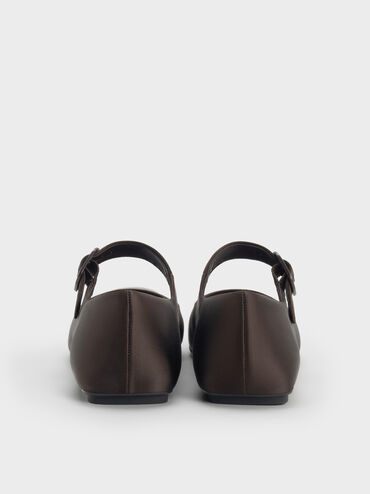 Satin Buckled Square-Toe Mary Jane Flats, Dark Brown Textured, hi-res
