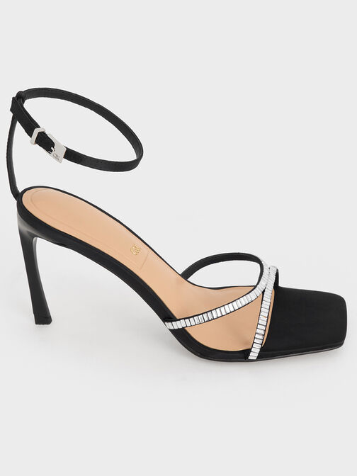 Recycled Polyester Crystal-Embellished Ankle-Strap Sandals, Black Textured, hi-res