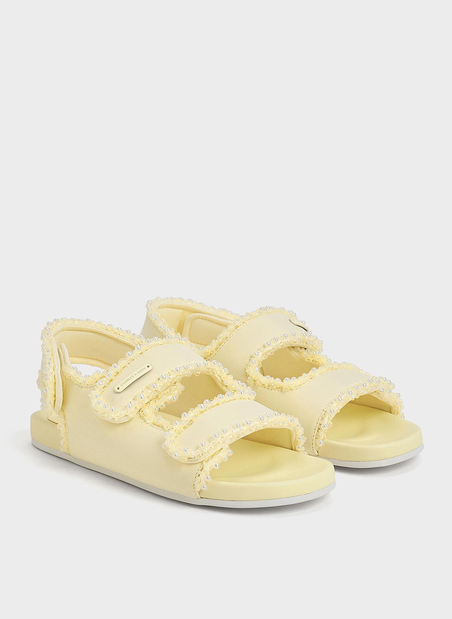 Sandalias planas de elastano con adornos de perlas para niña, Amarillo mantequilla, hi-res