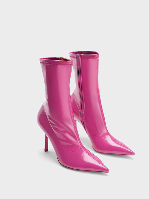 Patent Crinkle-Effect Pointed-Toe Stiletto Heel Ankle Boots, Fuchsia, hi-res