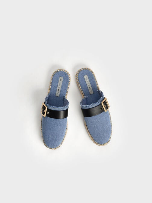 Buckled Denim Espadrille Mules, Blue, hi-res