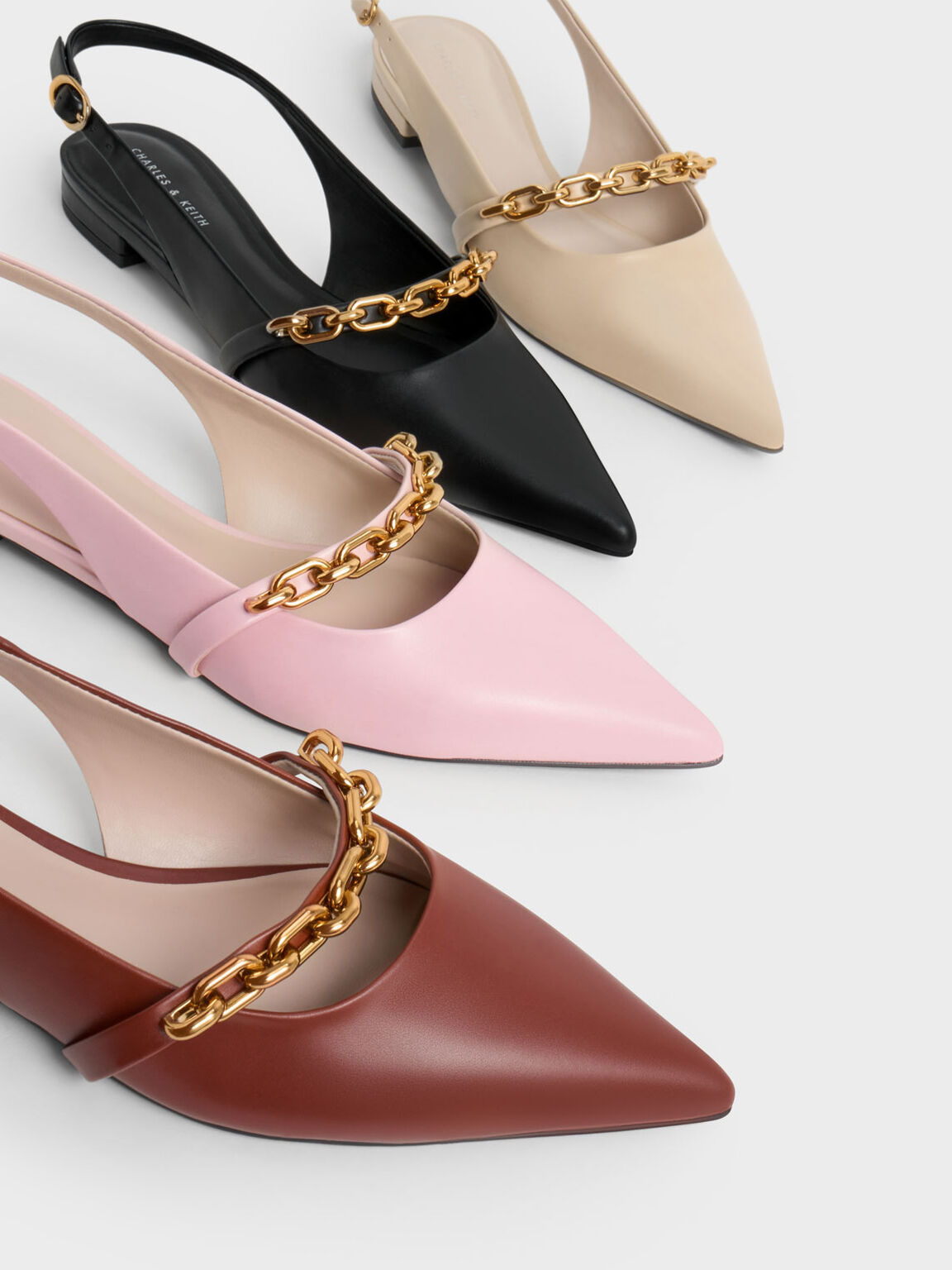 Chain-Link Strap Slingback Flats, Black, hi-res