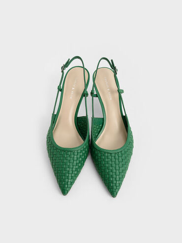 Woven Slingback Pumps, Green, hi-res