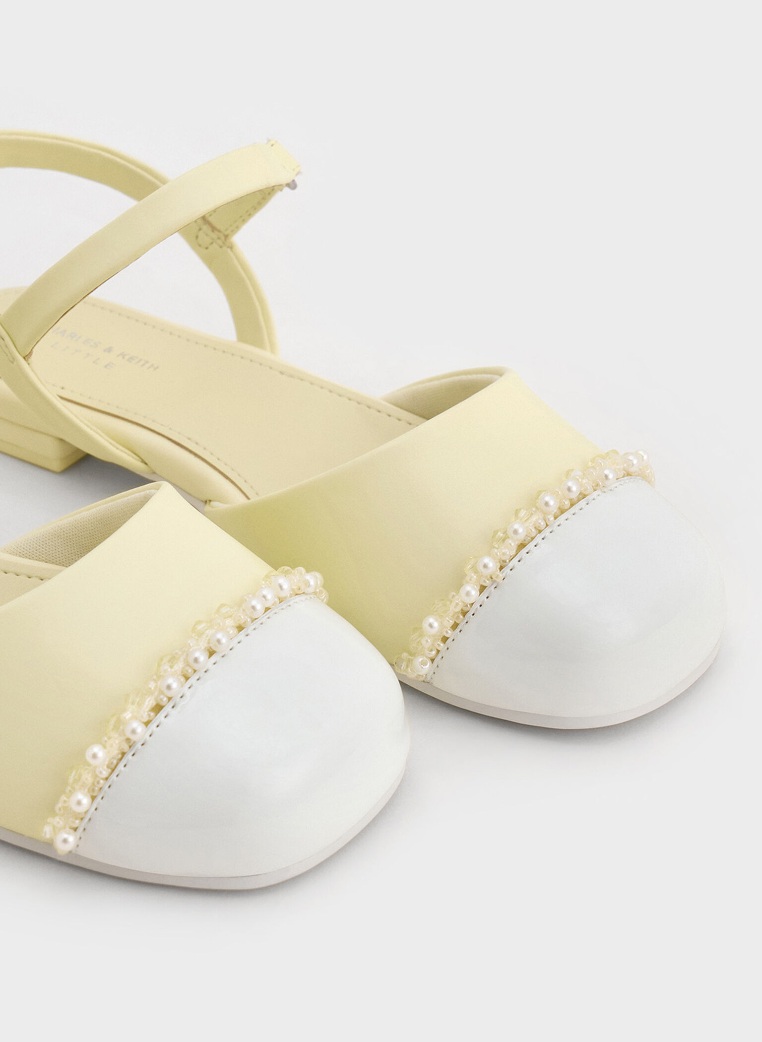 Girls' Pearl-Embellished Cap-Toe Ankle-Strap Flats, Butter, hi-res