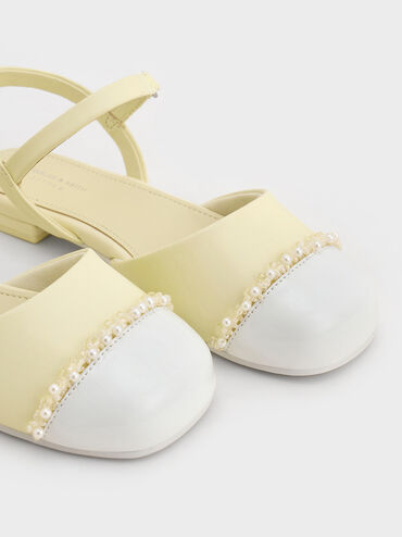 Girls' Pearl-Embellished Cap-Toe Ankle-Strap Flats, Butter, hi-res