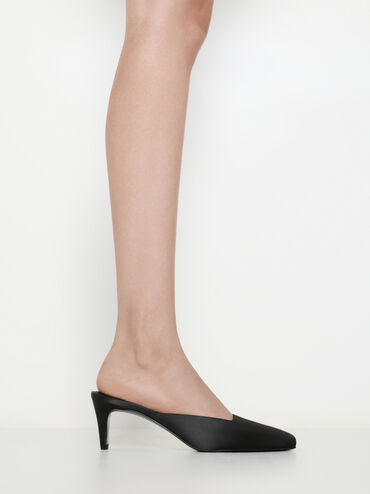 Mules &agrave; talon aiguille et bout carr&eacute; en satin, Noir Textur&eacute;, hi-res