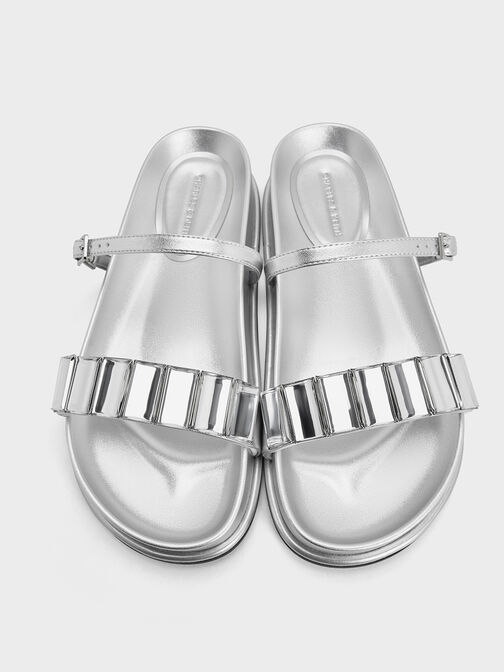 Metallic Crystal-Embellished Double-Strap Sandals, Silver, hi-res