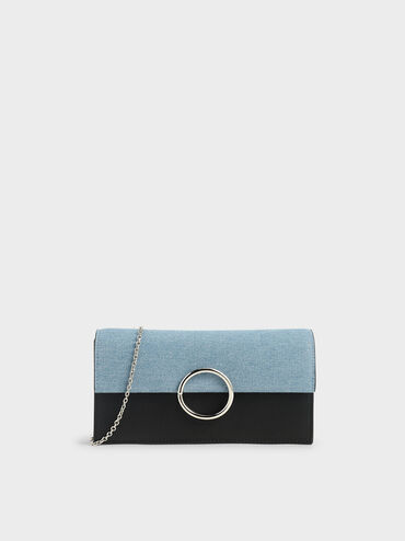 Textured Ring Detail Long Wallet, Denim Blue, hi-res