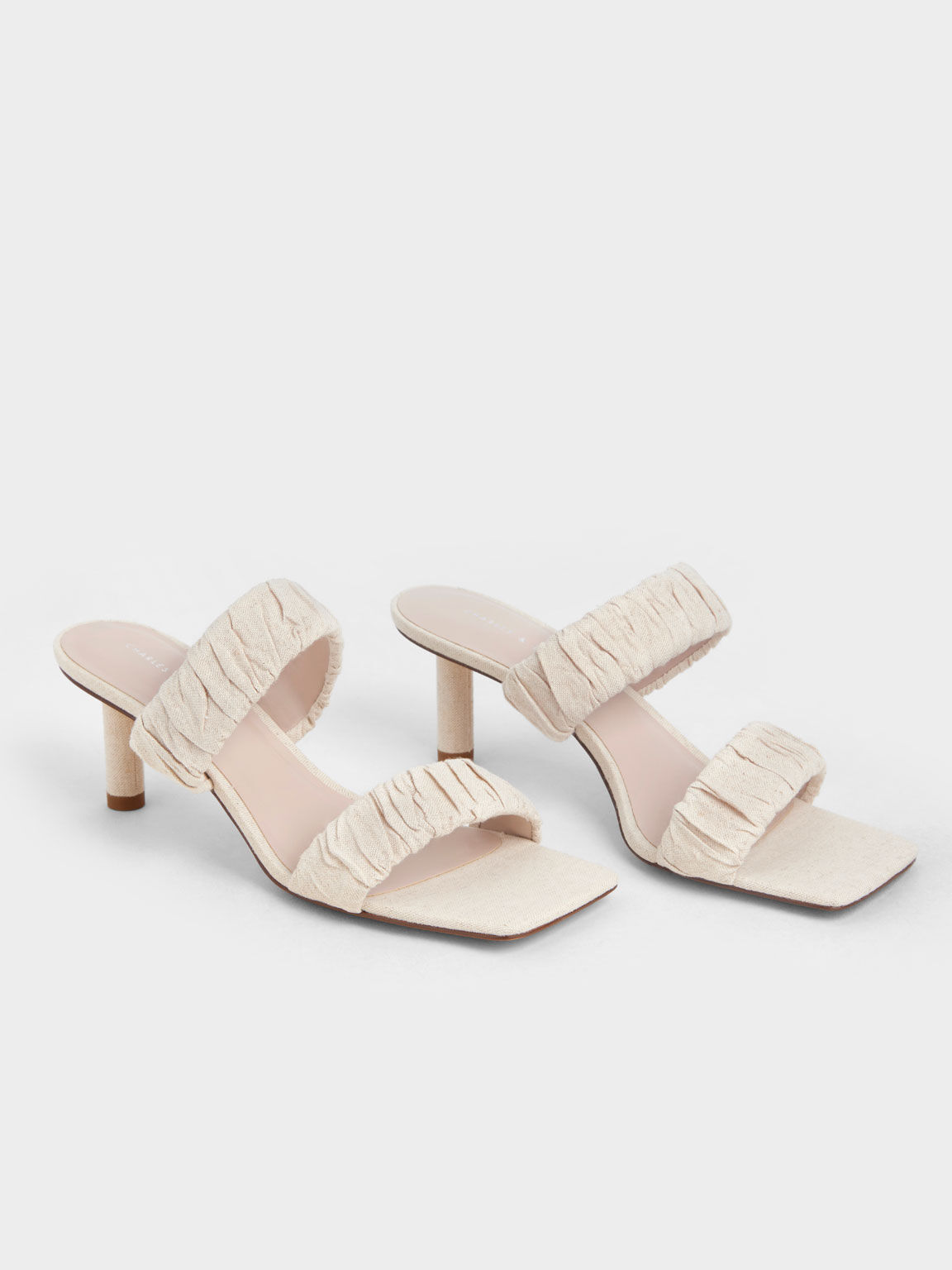 Linen Ruched Heeled Mules, Chalk, hi-res