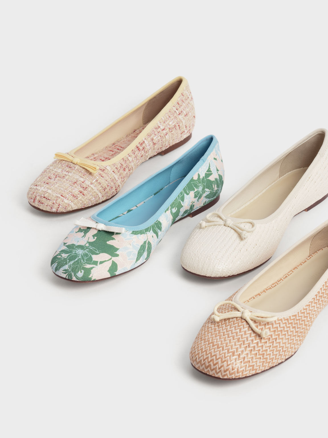 Tweed Bow Ballerina Pumps, Cream, hi-res