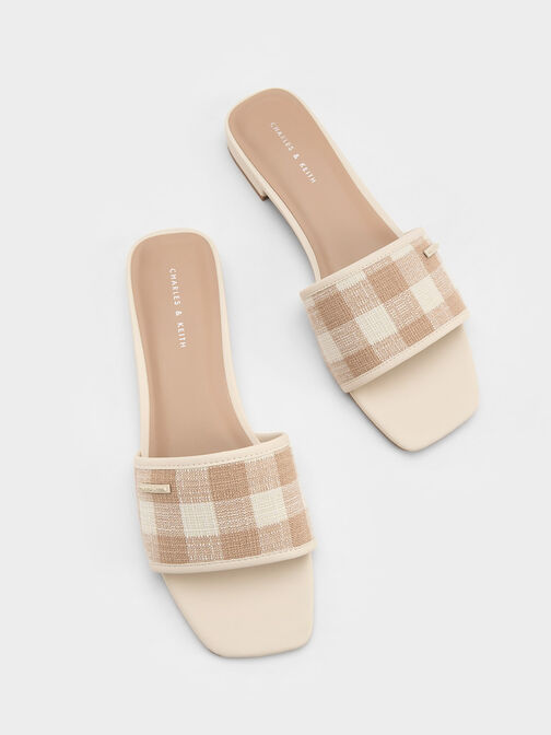 Woven Gingham Flat Sandals, Sand, hi-res