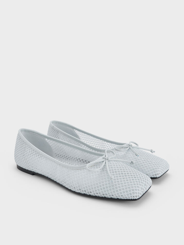 Mesh Square-Toe Bow Ballet Flats, Light Blue, hi-res